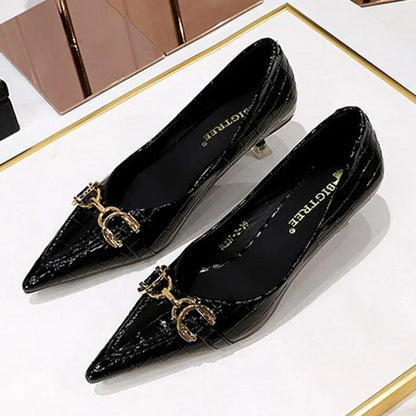 Women 4.5cm High Heels Elegant Patent Leather Pumps Female Sexy Metal Buckle High Heels Lady Fashion Pointed Toe Shallow Shoes