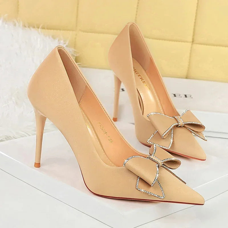 BIGTREE Fashion Korean Version 10cm High Heels Pumps Silk Shallow Pointed Toe Crystal Butterfly BowKnots Lady Red Purple Shoes