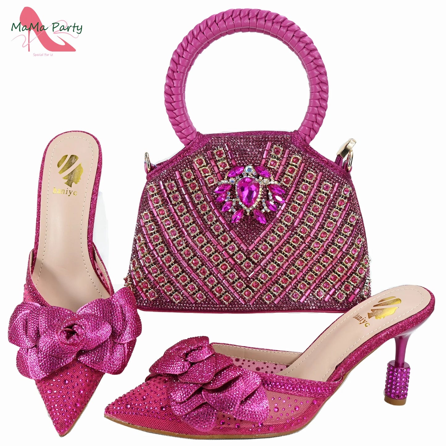 Purple Color New Arrivals Italian Design Nigerian Women Shoes and Bag Set Pointed Toe Slipper with Shinning Crystal for Party