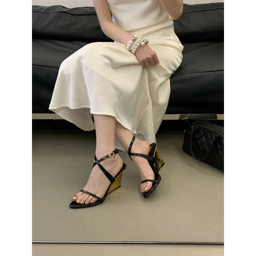 Street Style Design Wedges Heels Women Sandals Buckle Strap Pointed Toe Banquet Shoes Summer Ladies Pumps