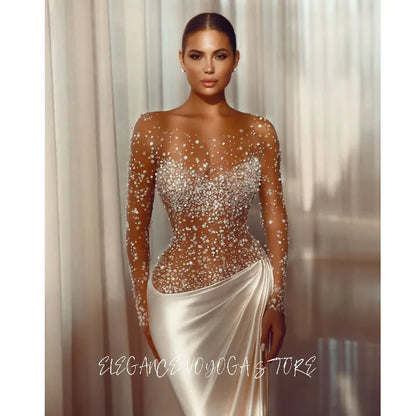 EVS Luxury White Flowing Satin Evening Dresses With See Through Top For Women Long Mermaid Prom Dress Wedding Party Gowns Custom