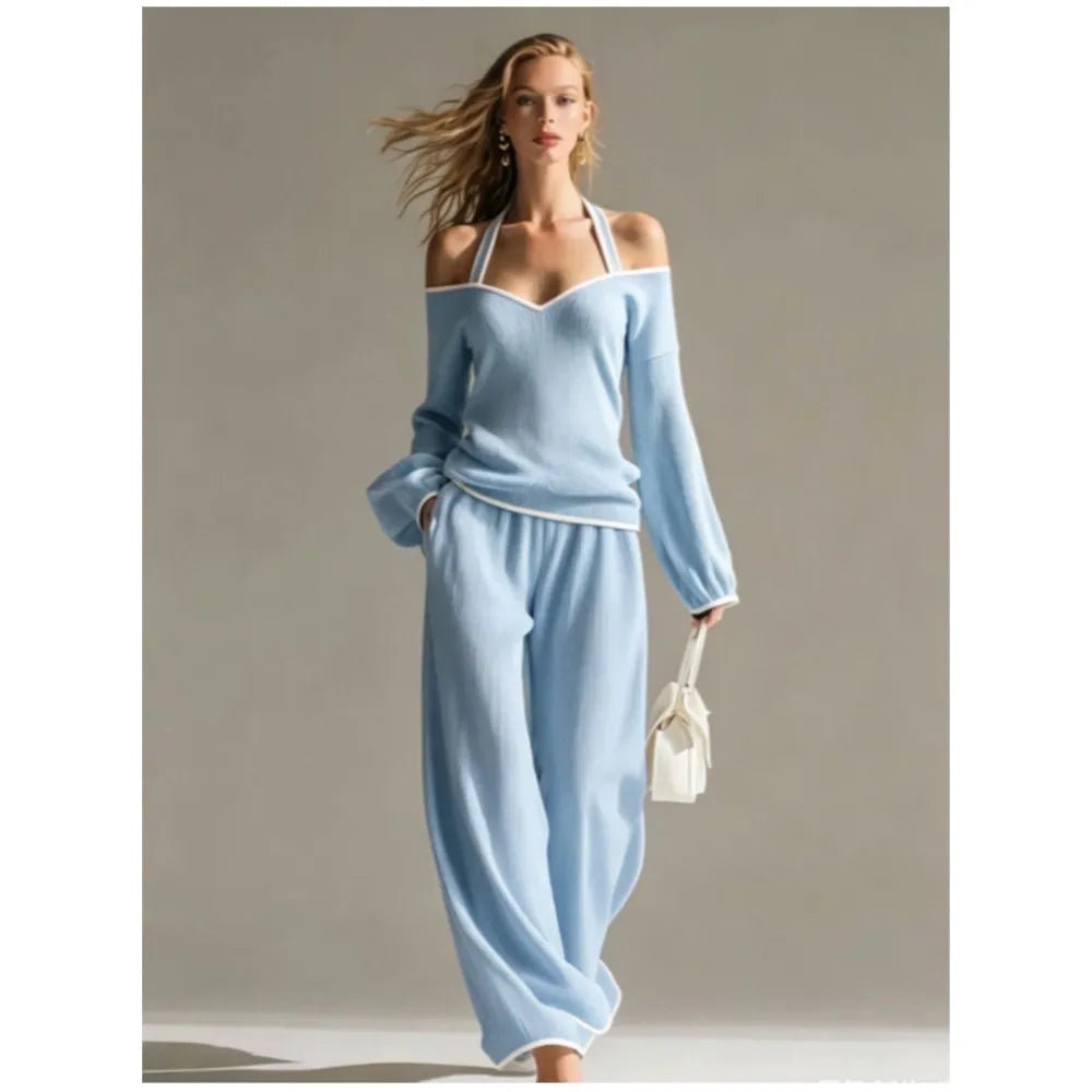 Women Sexy Off-shoulder Long-sleeved T-shirt Trousers 2piece Set Fashion Loose Elegant Color-blocked Pocket Trousers Female Suit