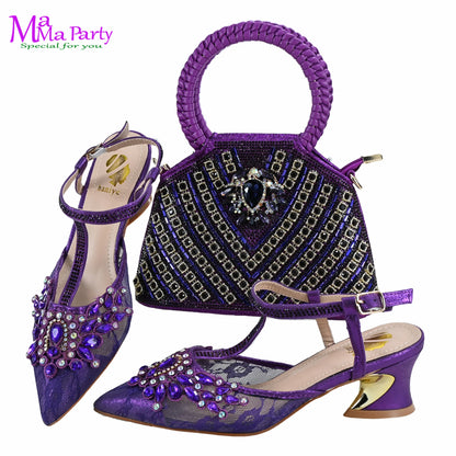 Gold Color New Arrivals Italian Design Nigerian Women Shoes and Bag Set Pointed Toe Slipper with Shinning Crystal for Party