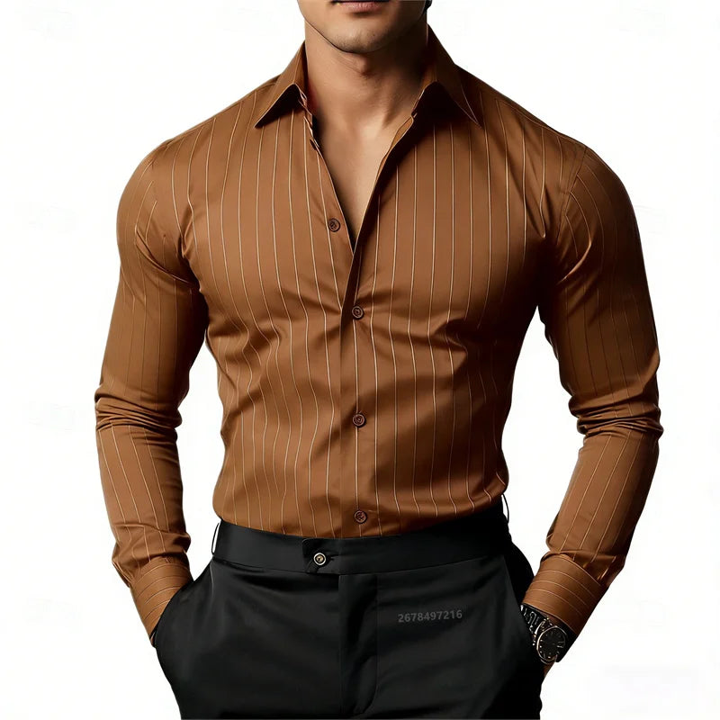 Men's Striped Long-Sleeved Shirt, Business Casual, Versatile, with Lapel Collar and Button Design, Available in 19 Colors.