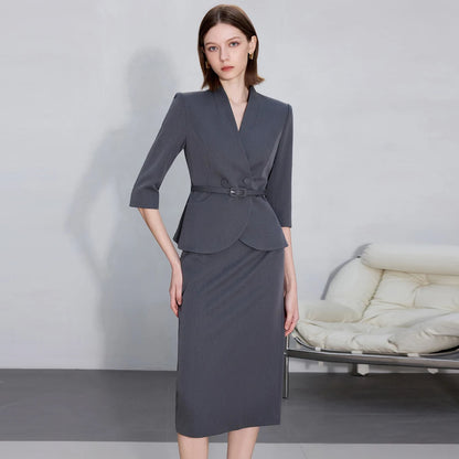 Two-Piece Suit For Women, Navy Blue Luxury Fashion Workplace Two-Piece Skirt Set, Minimalist Elegant Three-Quarter Sleeve Design