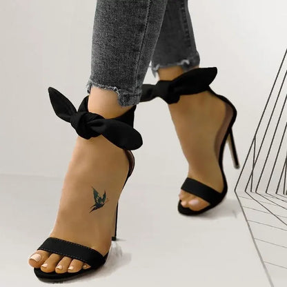 Brand Designer Pink Yellow Suede High Heel Sandals Ankle Big Bowknot Gladiator Sandal Shoes Single Strap Thin Heel Pumps 25