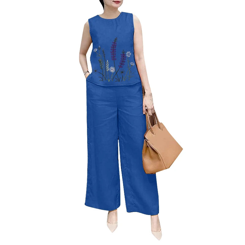 Fashion 2PCS Summer Outfits ZANZEA Sleeveless Embroidery Blouse Pant Sets Women Work OL Matching Sets Casual Holiday Tracksuits