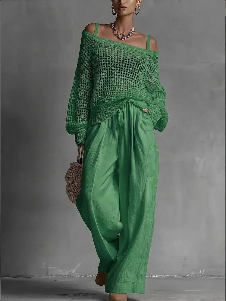 Cotton Casual Pants Sets for Women's Solid Long Sleeve hollow out knit Top Summer Outfit Elastic Waist OL Workwear Wide Leg Suit