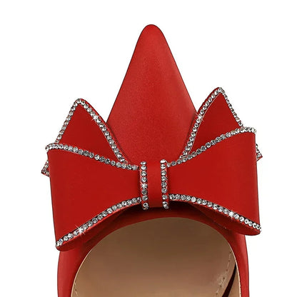 BIGTREE Fashion Korean Version 10cm High Heels Pumps Silk Shallow Pointed Toe Crystal Butterfly BowKnots Lady Red Purple Shoes