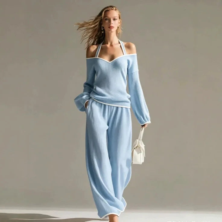 Women Sexy Off-shoulder Long-sleeved T-shirt Trousers 2piece Set Fashion Loose Elegant Color-blocked Pocket Trousers Female Suit
