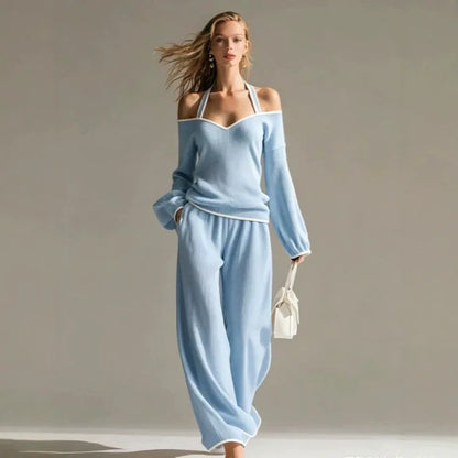 Women Sexy Off-shoulder Long-sleeved T-shirt Trousers 2piece Set Fashion Loose Elegant Color-blocked Pocket Trousers Female Suit