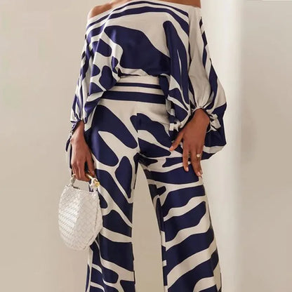 VEITCHE Women Print Outfit  Sleeve Off Shoulder Long Sleeve Blouse Office Lady 2 Piece Sets Spring Autumn Wide Leg Pants Suit