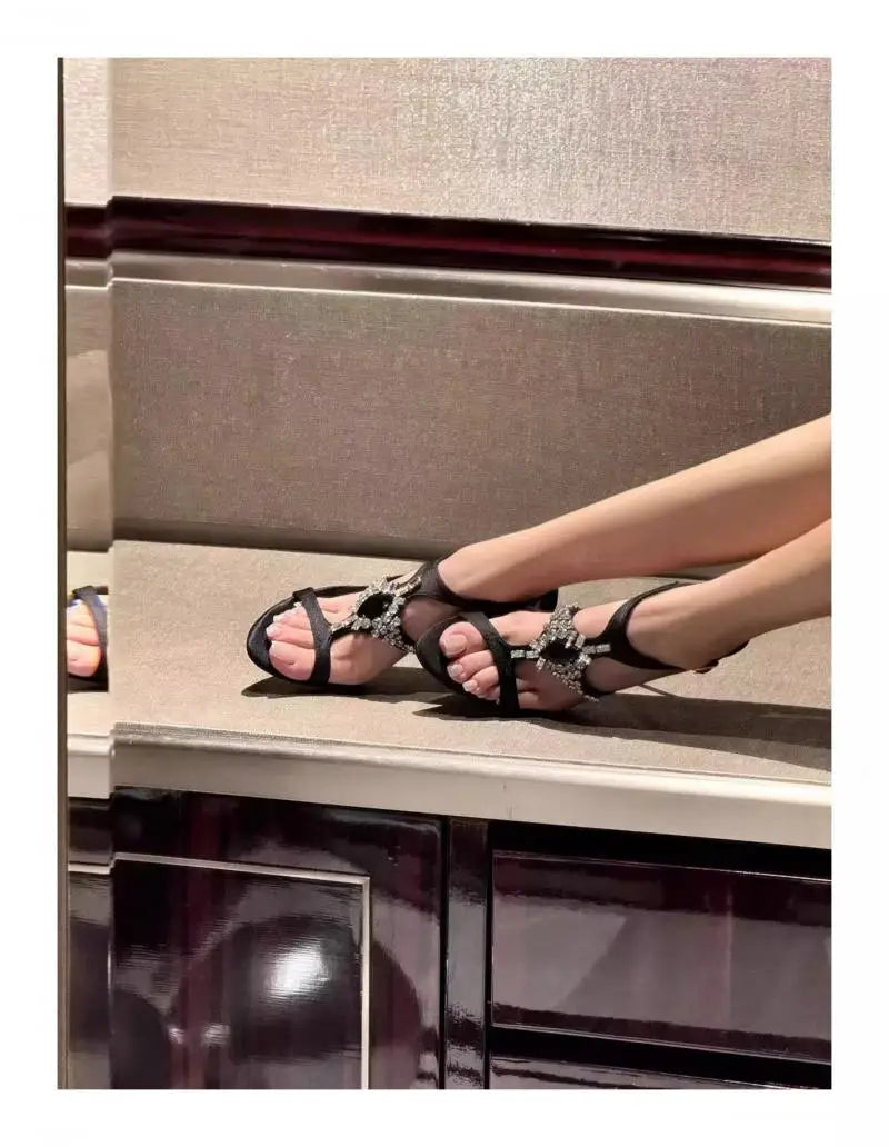 Sexy Rhinestone Stiletto High Heels Open-Toe One-Strap Buckle Sandals Suede Party Women Shoes Sandalias Mujer Verano