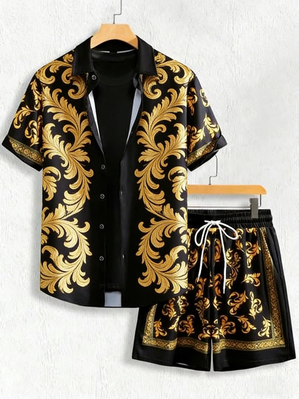 2026 summer new lapel short-sleeved shirt suit Baroque gold 3D printed shirt Hawaiian casual social party men's clothing