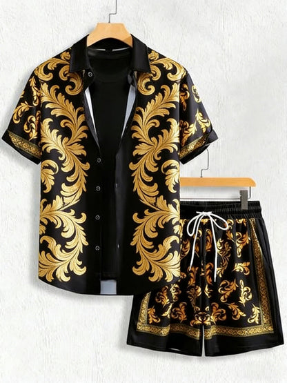 2026 summer new lapel short-sleeved shirt suit Baroque gold 3D printed shirt Hawaiian casual social party men's clothing