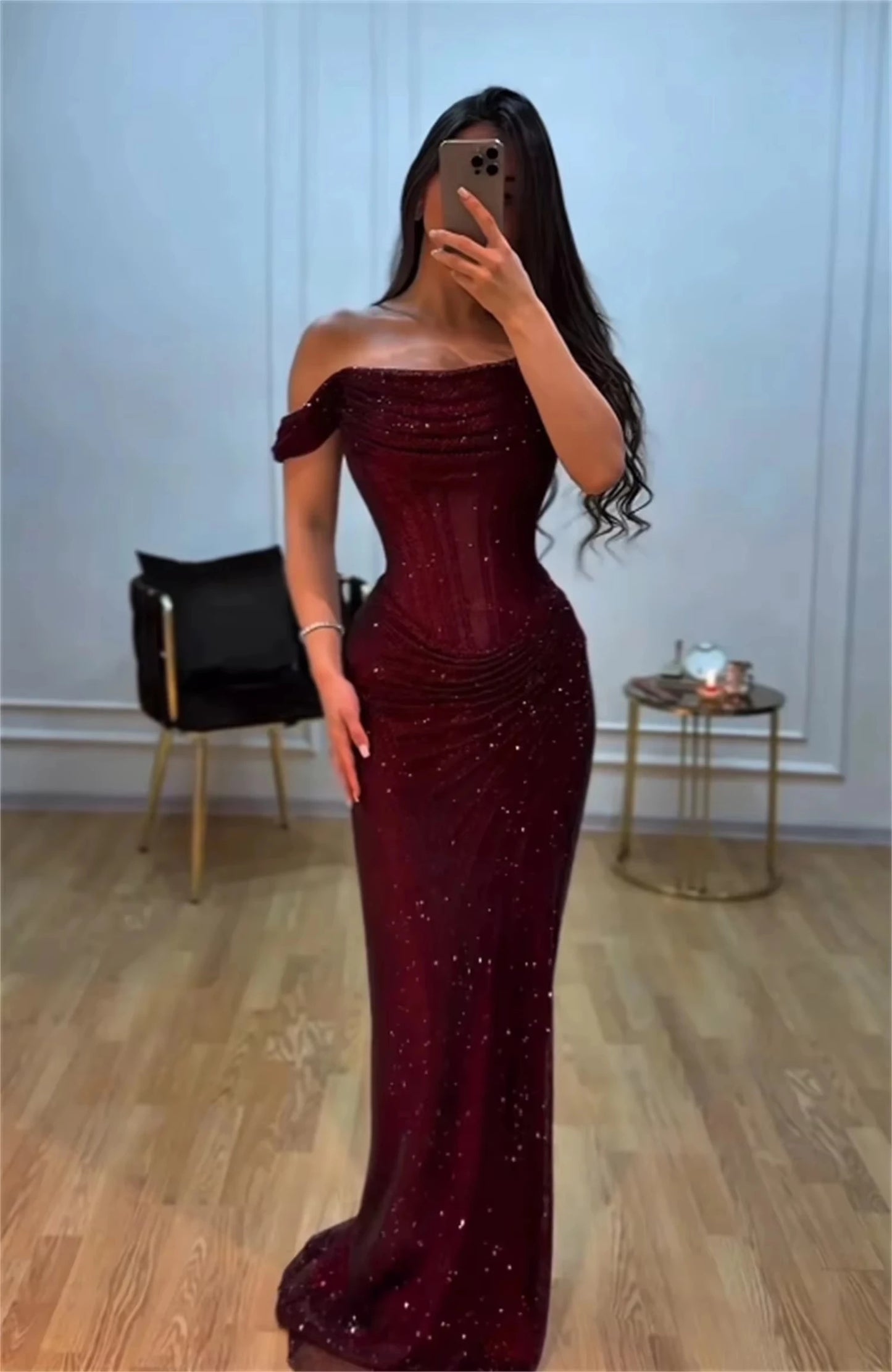 Burgundy Off Shoulder Prom Dresses with Glitter Fabric Ruched Mermaid Silhouette Customized Formal Evening vestidos de gala