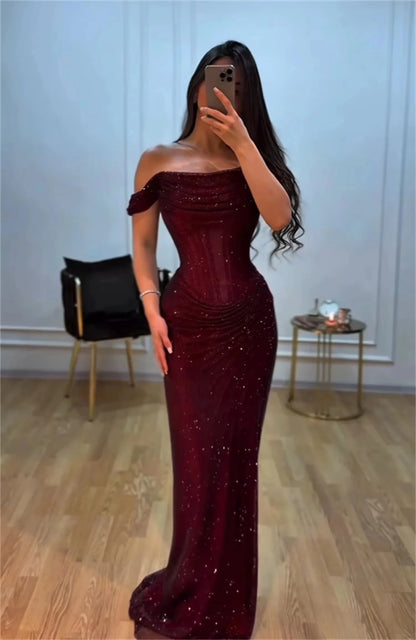 Burgundy Off Shoulder Prom Dresses with Glitter Fabric Ruched Mermaid Silhouette Customized Formal Evening vestidos de gala