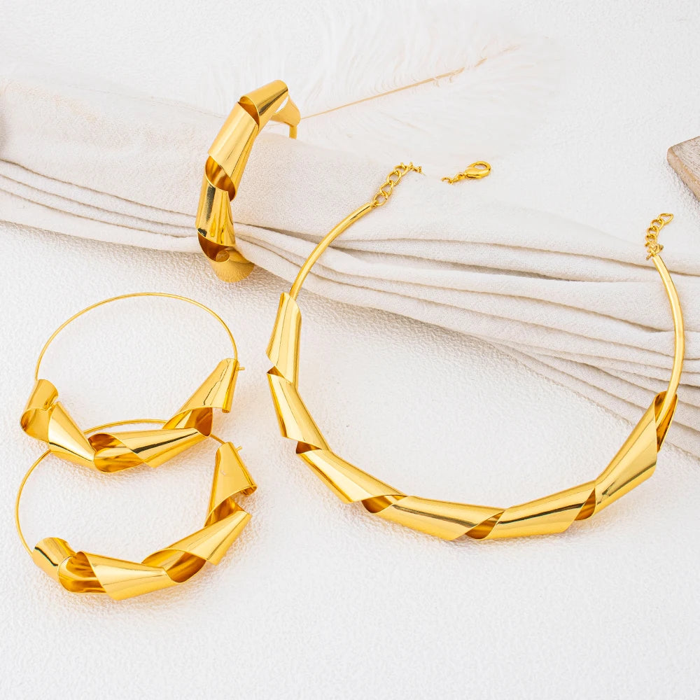 Luxury Gold Plated Dubai Jewelry Set For Women African Copper Twist Bold Design Earrings Necklace Bracelet Quality Jewelry Gift