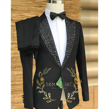 Luxury Gold Crystal 2 Pieces Men's Suits Double Breasted Black Suits Tuxedo Blazer for Wedding Groom Business Dinner Party Suits