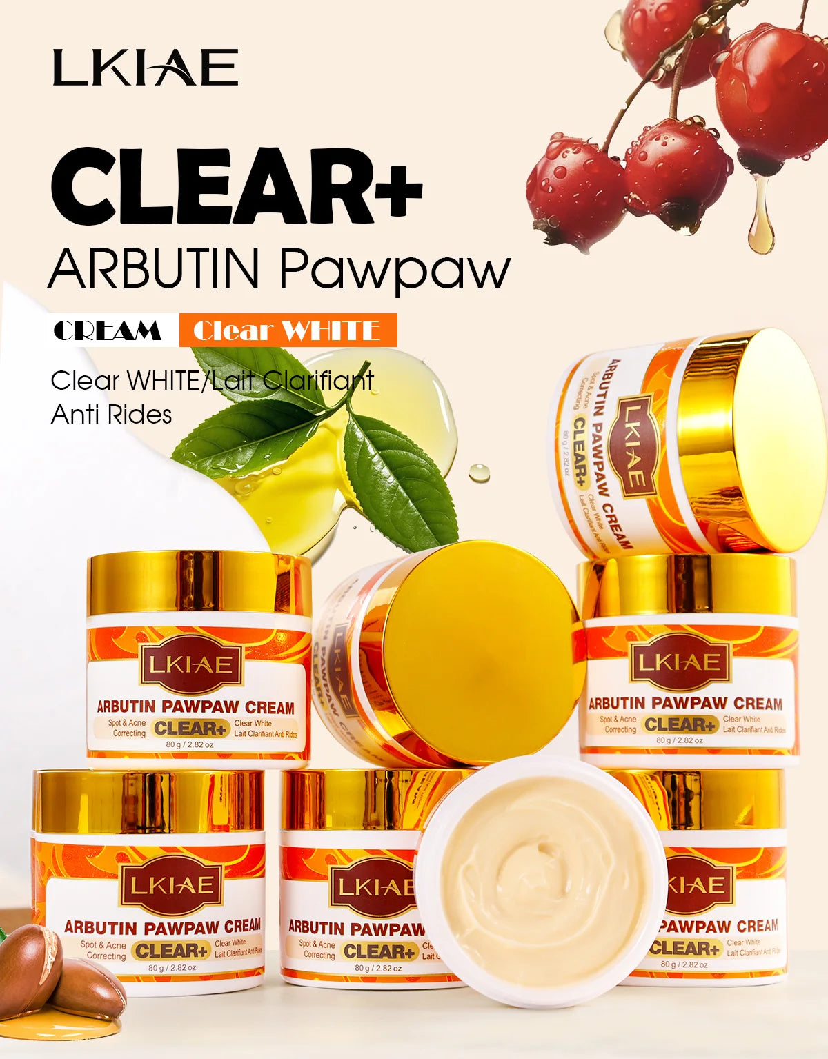 LKIAE Arbutin Pawpaw Face Cream For Women, Black Spots & Acne Correcting, Lightening Skin, Easily Absorbed, Lightweight, 80ml