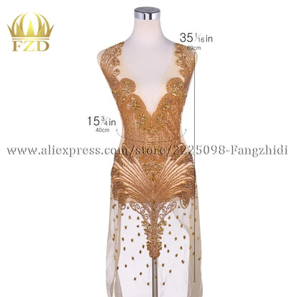 FZD 1 PC Silver Rhinestone Crystal Patches Handmade Gold Crystal Glass Rhinestone Bodice Applique Sew on Wedding Evening Dresses