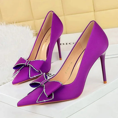 BIGTREE Fashion Korean Version 10cm High Heels Pumps Silk Shallow Pointed Toe Crystal Butterfly BowKnots Lady Red Purple Shoes