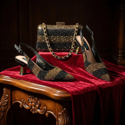 2026 Nigerian Women Heel Ladies Italian Luxury Design Green Shoes And Bag Set Decorated with Rhinestone Handbag Wedding Party