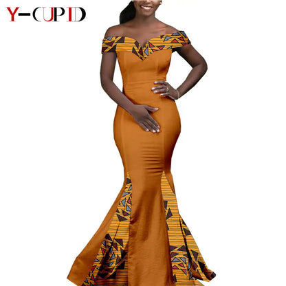 African Couple Matching Clothes for Wedding Women Slim Mermaid Dress Bazin Riche Men Irregular Jacket Pant Sets with Hat Y23C011