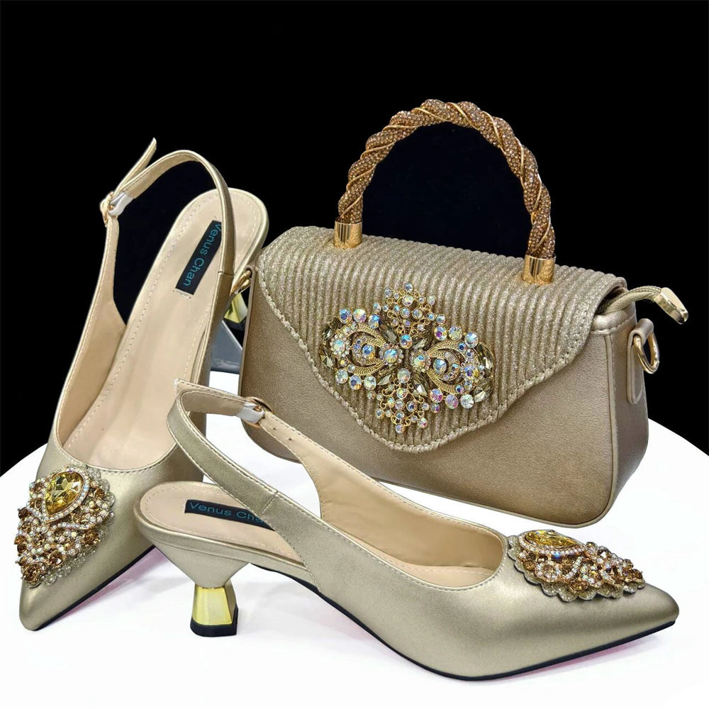 Venus Chan Italian Shoes and Bags Matching Set 2024 Nigeria Elegance Party Rhinestone Pointed Toe Women's Shoes High Heel