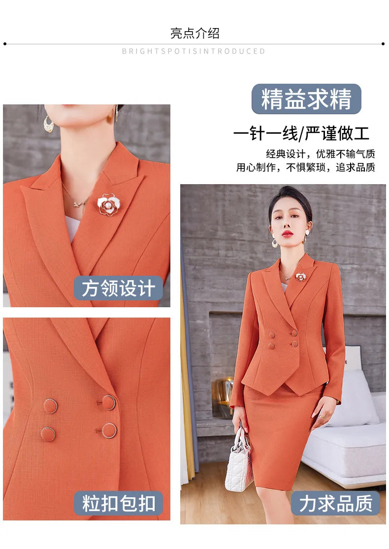 New Arrival Elegant Ladies Formal Skirt Suit Women Orange Blue Pink Long Sleeve Female Blazer Set for Business Work Wear