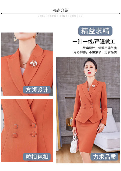 New Arrival Elegant Ladies Formal Skirt Suit Women Orange Blue Pink Long Sleeve Female Blazer Set for Business Work Wear