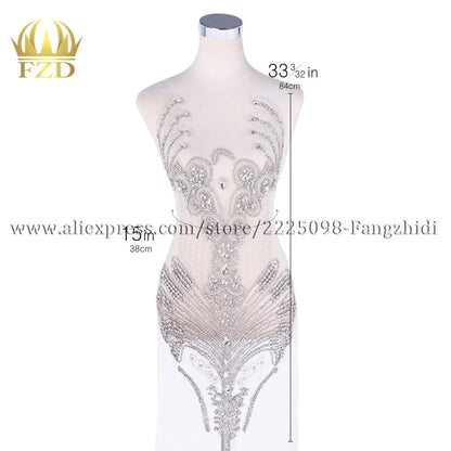 FZD 1 PC Silver Rhinestone Crystal Patches Handmade Gold Crystal Glass Rhinestone Bodice Applique Sew on Wedding Evening Dresses