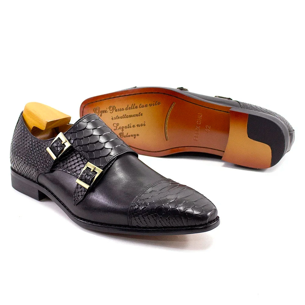 Luxury Double Buckle Monk Strap Men's Dress Shoes Genuine Leather Classic Crocodile Pattern Formal Business Office Footwear