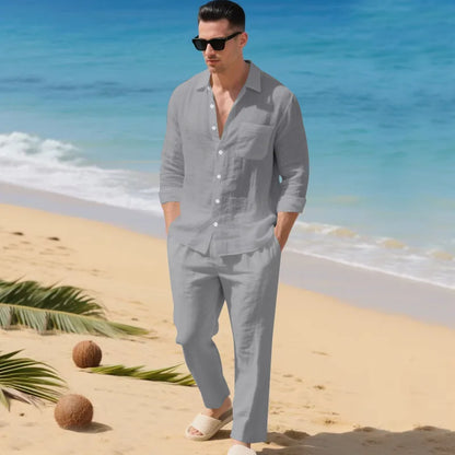 The 2026 Summer Men's linen short-sleeved shirt set is a two-piece long pants set suitable fordaily casual beach vacations 2Pcs